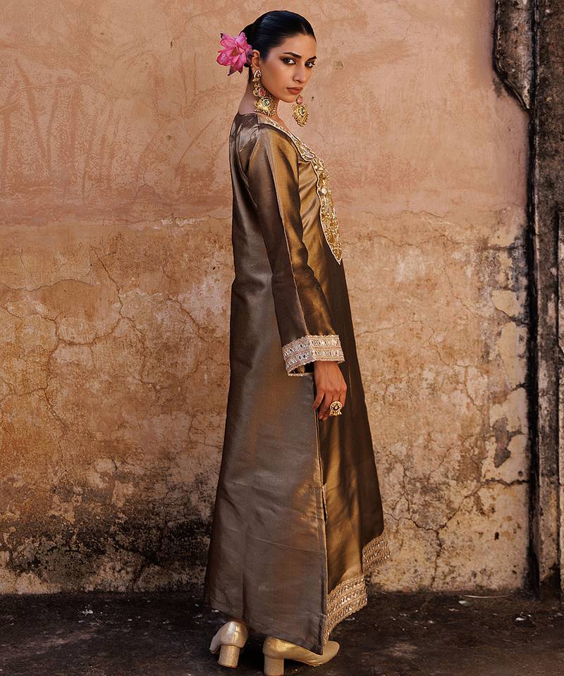 Brown embroidered tissue kurta set