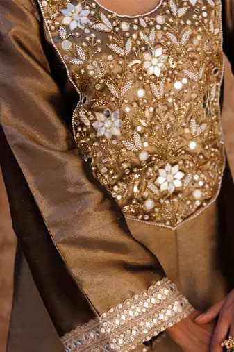 Brown embroidered tissue kurta set