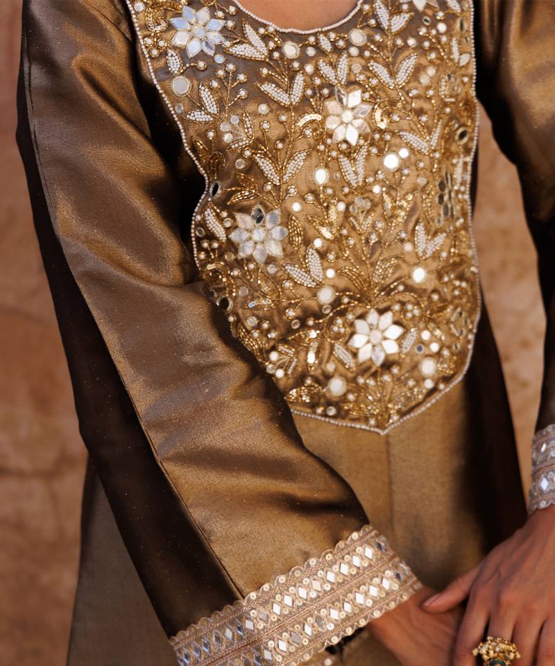 Brown embroidered tissue kurta set