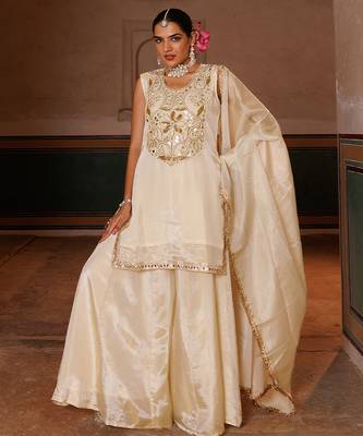 Ivory embroidered tissue sharara set 1