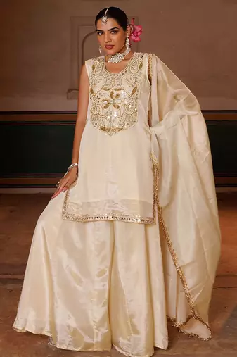 Ivory embroidered tissue sharara set