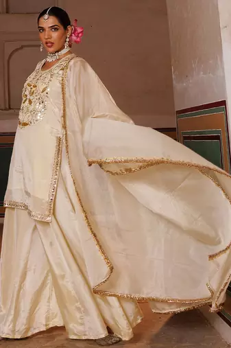 Ivory embroidered tissue sharara set