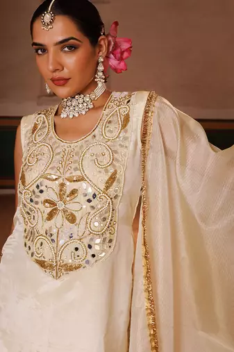 Ivory embroidered tissue sharara set
