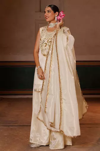 Ivory embroidered tissue sharara set