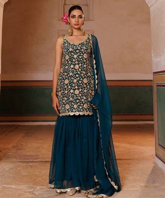 Green embroidered crepe sharara set 1
