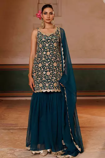 Green embroidered crepe sharara set