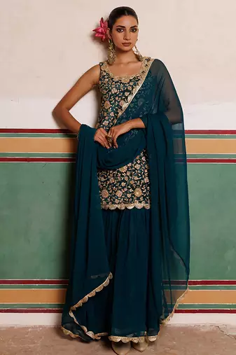 Green embroidered crepe sharara set