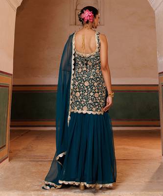 Green embroidered crepe sharara set 3