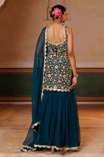 Green embroidered crepe sharara set