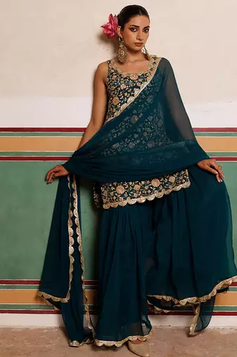 Green embroidered crepe sharara set