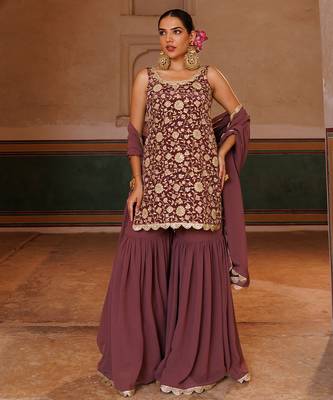 Mauve embroidered crepe sharara set 1