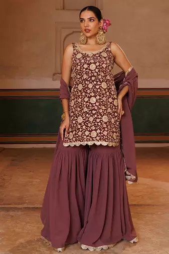 Mauve embroidered crepe sharara set