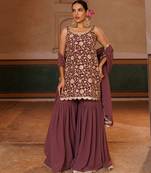 Mauve embroidered crepe sharara set