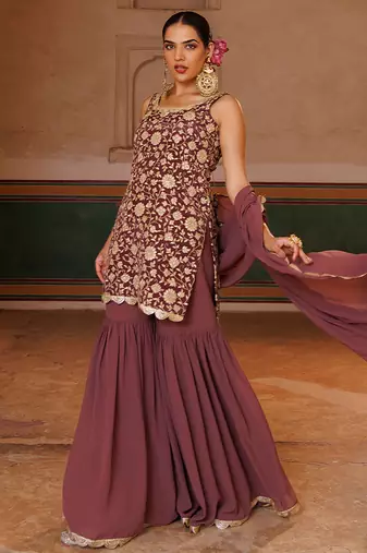 Mauve embroidered crepe sharara set
