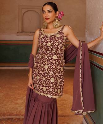 Mauve embroidered crepe sharara set 3