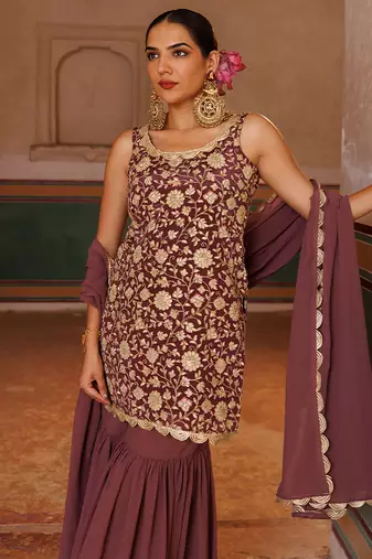 Mauve embroidered crepe sharara set