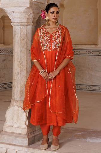 Orange embroidered silk kurta set