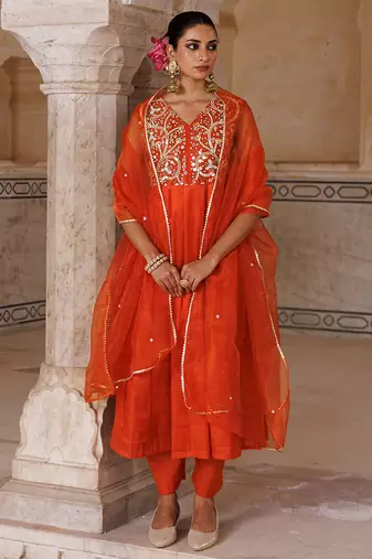 Orange embroidered silk kurta set