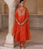 Orange embroidered silk kurta set