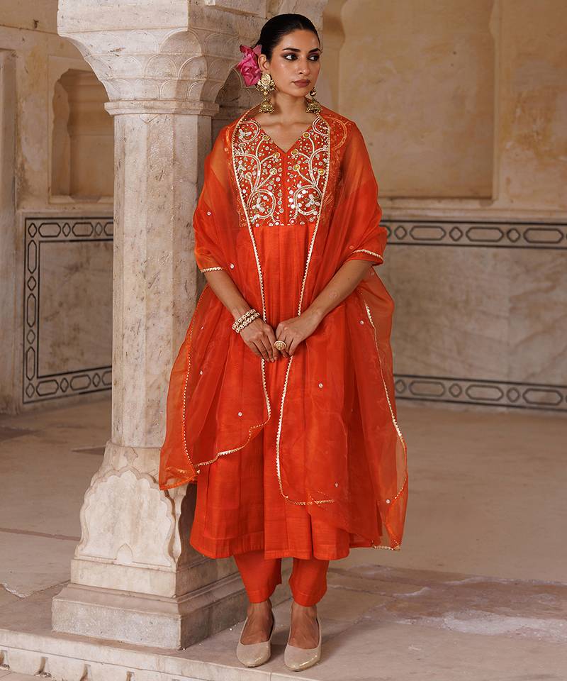 Orange embroidered silk kurta set
