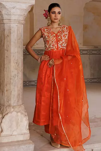 Orange embroidered silk kurta set