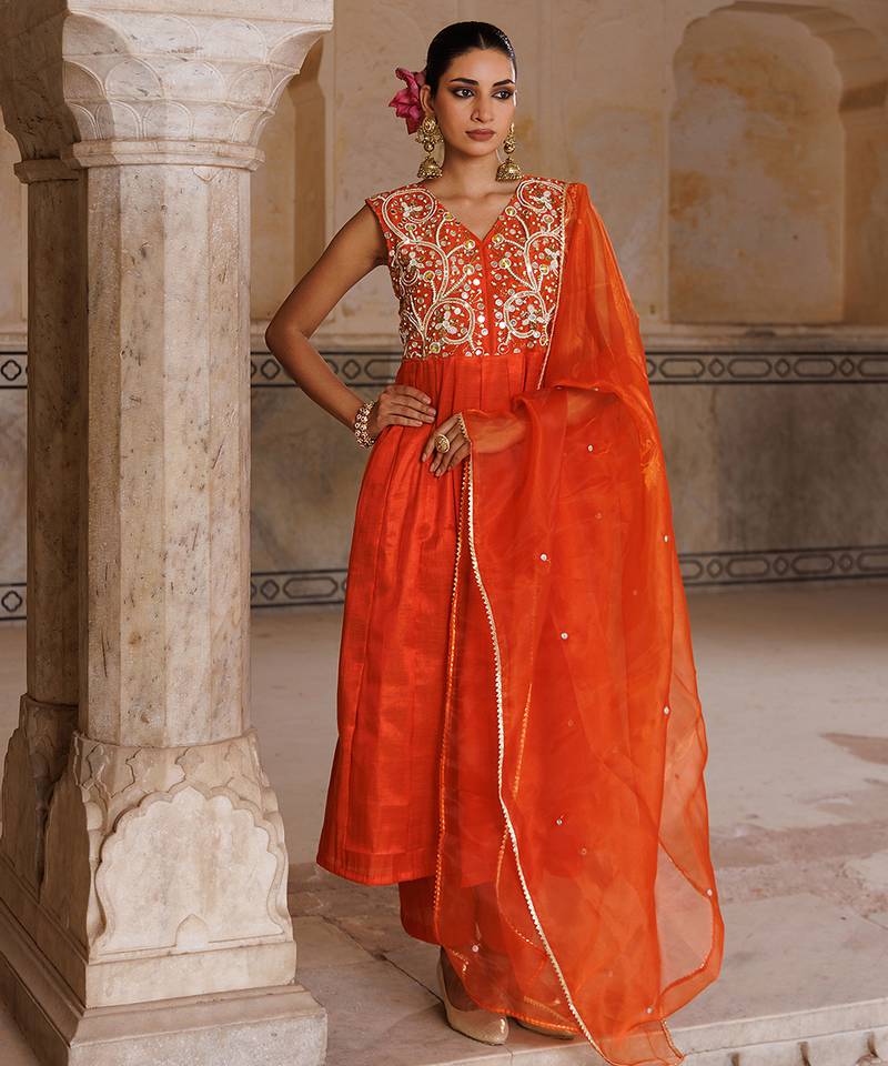 Orange embroidered silk kurta set