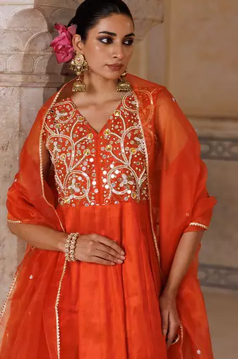 Orange embroidered silk kurta set