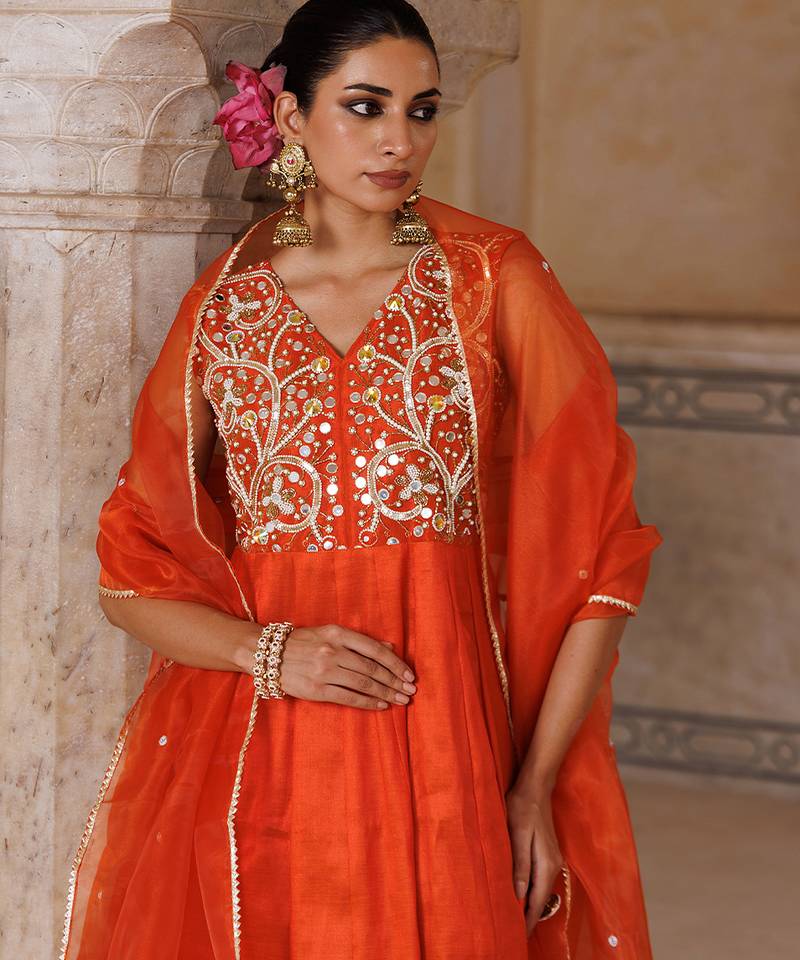 Orange embroidered silk kurta set