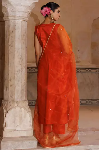 Orange embroidered silk kurta set