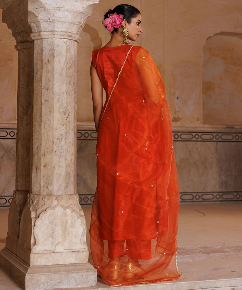 Orange embroidered silk kurta set