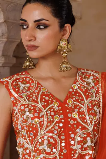 Orange embroidered silk kurta set