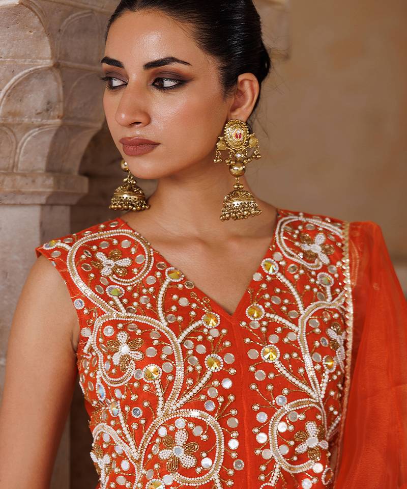 Orange embroidered silk kurta set