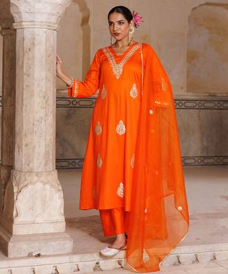 Orange embroidered cotton silk anarkali 1