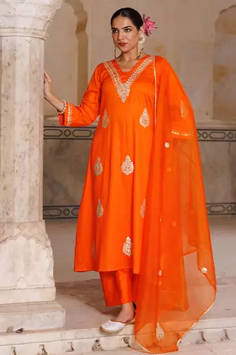 Orange embroidered cotton silk anarkali