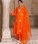 Orange embroidered cotton silk anarkali