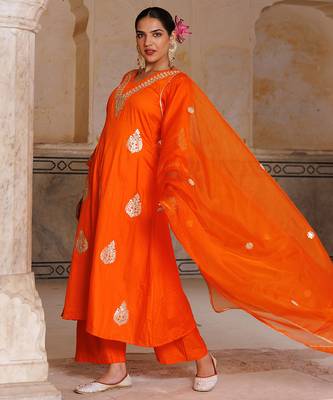 Orange embroidered cotton silk anarkali 2