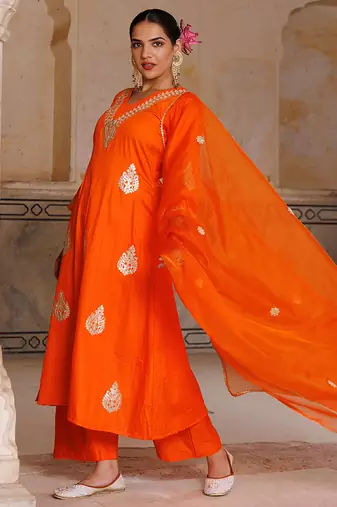 Orange embroidered cotton silk anarkali