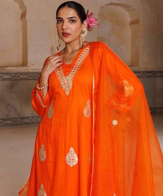 Orange embroidered cotton silk anarkali 3