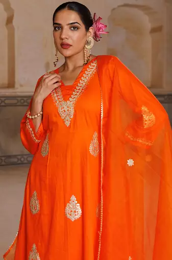 Orange embroidered cotton silk anarkali