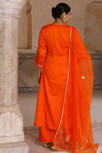 Orange embroidered cotton silk anarkali