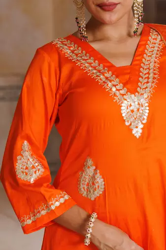 Orange embroidered cotton silk anarkali