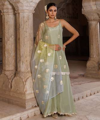 Green embroidered silk sharara set 1