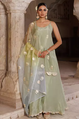 Green embroidered silk sharara set