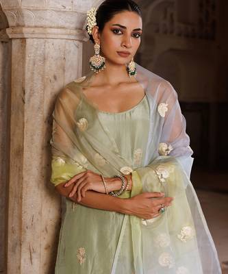 Green embroidered silk sharara set 3