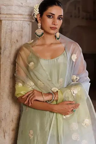 Green embroidered silk sharara set