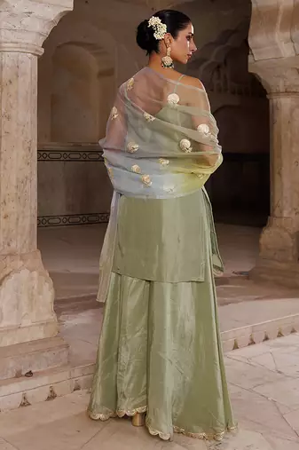 Green embroidered silk sharara set