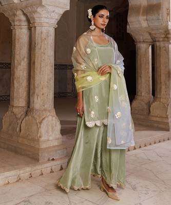 Green embroidered silk sharara set 5