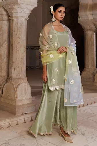 Green embroidered silk sharara set