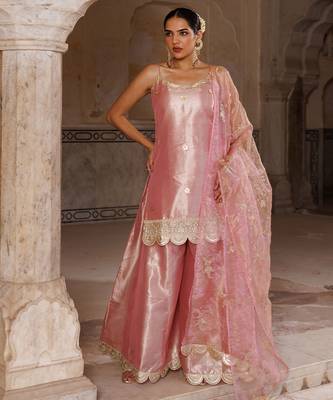 Pink embroidered tissue sharara set 1