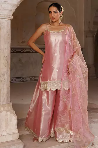 Pink embroidered tissue sharara set